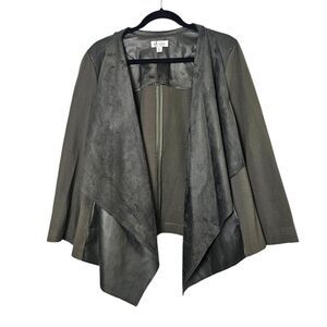 Denim & Company 1X‎ Olive Green Jacket Open Front Vegan Leather Pockets Stretch